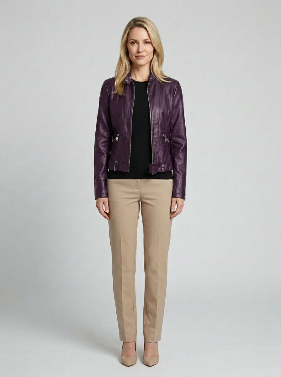 Nadia | Women's Faux Leather Moto Jacket Zip Front Tailored Winter - Purple Front [Lystr 6a860d21346c7d0de359f6fd:purple:front]