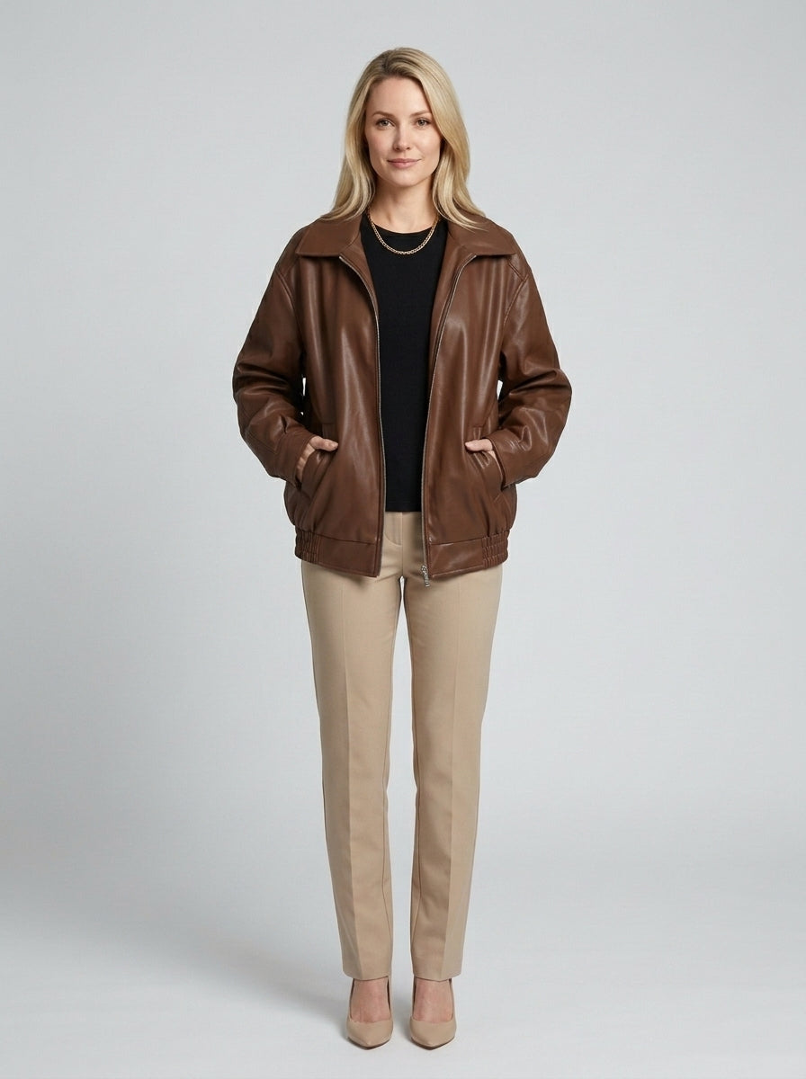 Marguerite | Women's Oversized Leather Bomber Jacket, Winter Jacket - Front [Lystr 6a76253c0b572d614f35209e:front]