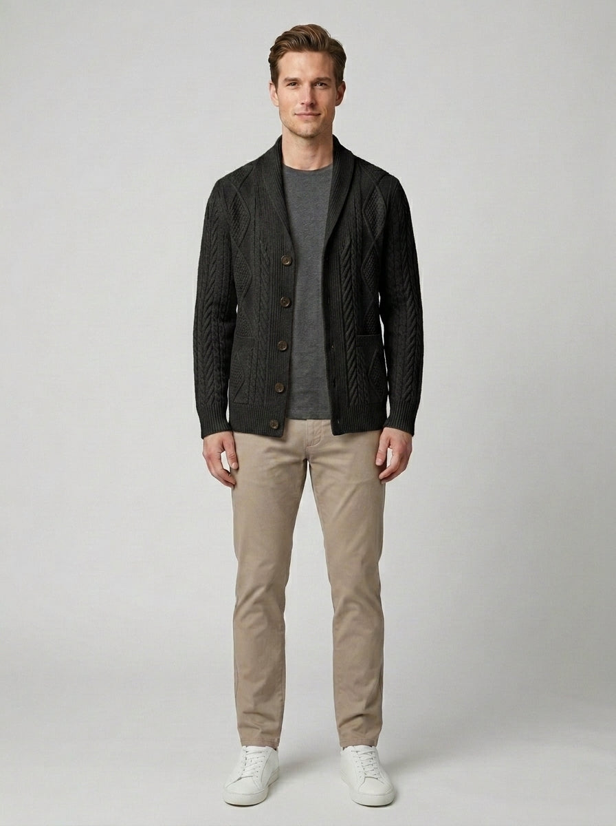 Julian | Men's Cashmere Cardigan Button Front Luxury Winter Smart Casual - Black Front [Lystr 6a860cca346c7d0de359f6f1:black:front]