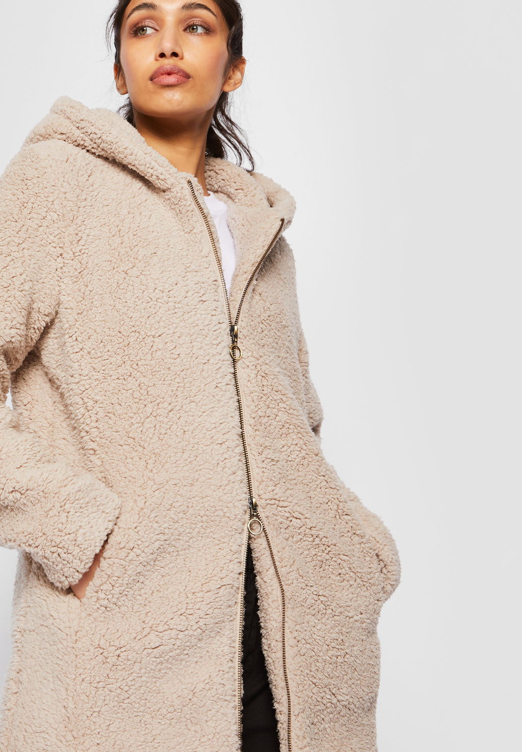Nora | Women's Sherpa Short Coat, Sand Faux Fur Winter