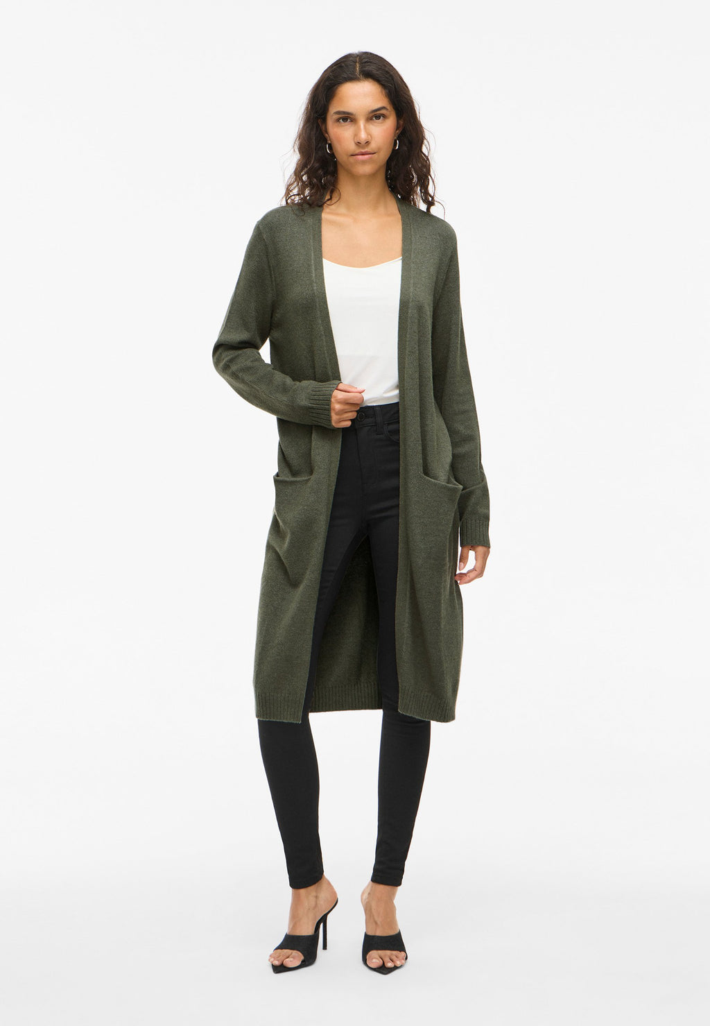 Isolde | Women's Long Cardigan, Dark Green Open Front Autumn Winter