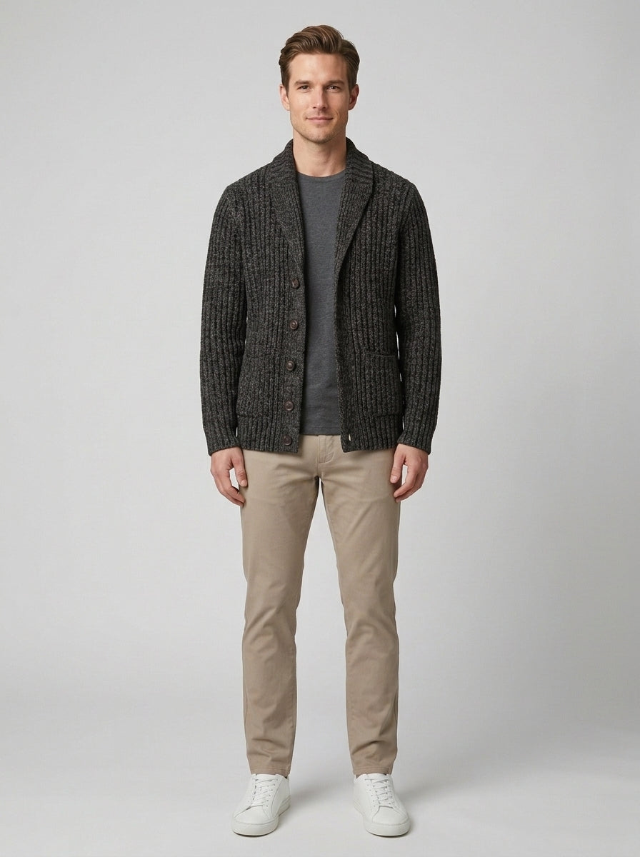 Theo | Men's Chunky Knit Shawl Collar Cardigan Cable Knit Winter Casual - Front [Lystr 6a860cd1346c7d0de359f6f4:front]