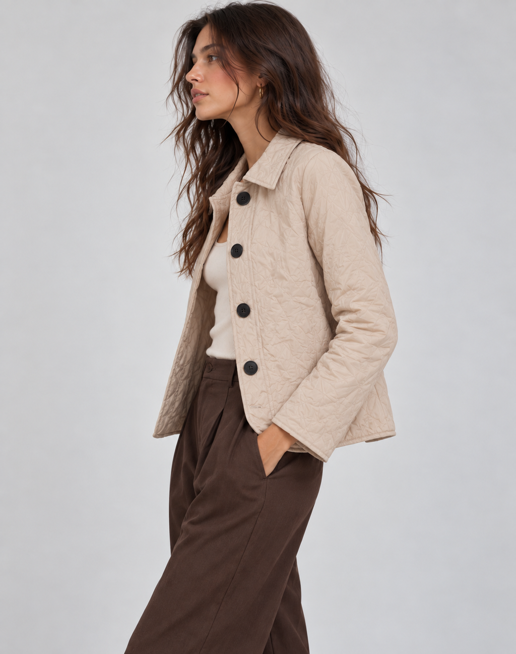 Freya | Women's Quilted Transitional Jacket, Collar Button Detail
