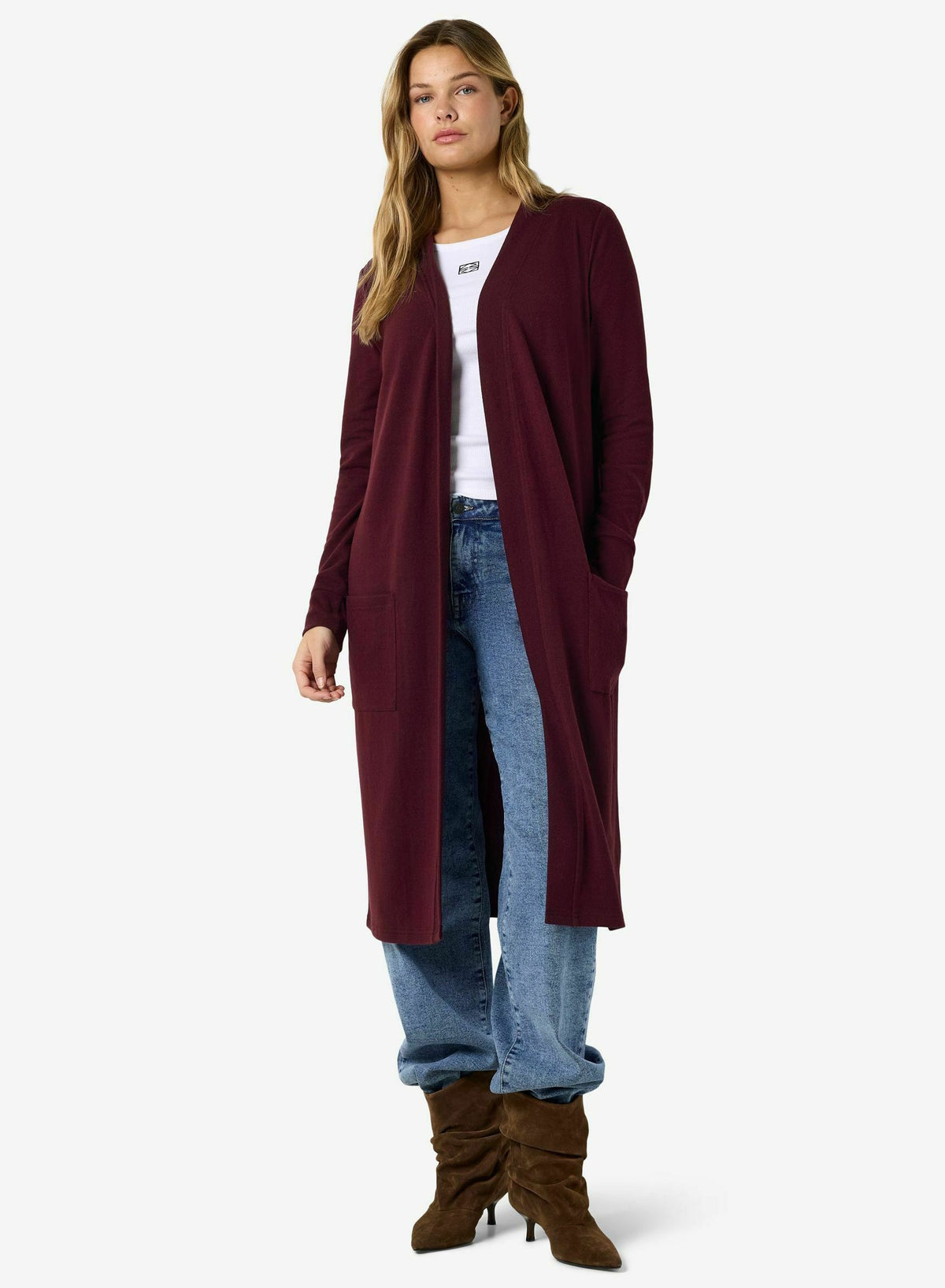 Livia | Women's Long Knit Cardigan, Bordeaux Soft Drape Autumn Winter