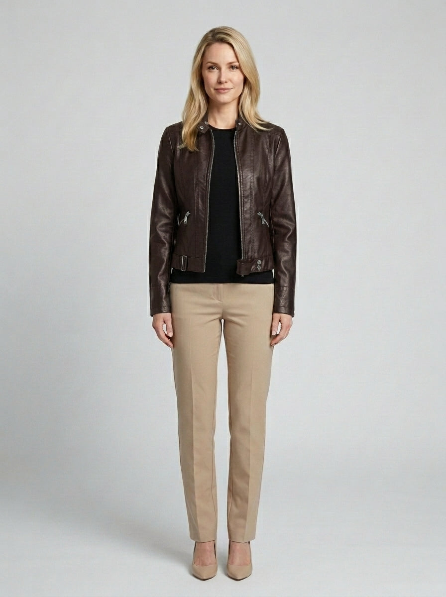Nadia | Women's Faux Leather Moto Jacket Zip Front Tailored Winter - Dark Brown Front [Lystr 6a860d21346c7d0de359f6fd:dark brown:front]