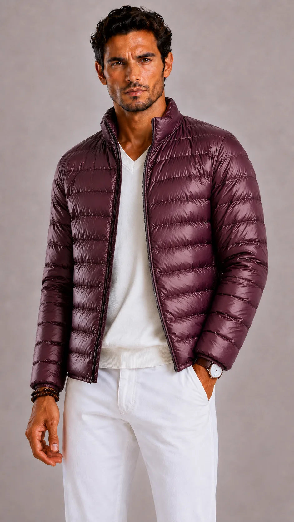 Dario | Men's Slim Fit Hooded Puffer Jacket, Wine Red Winter