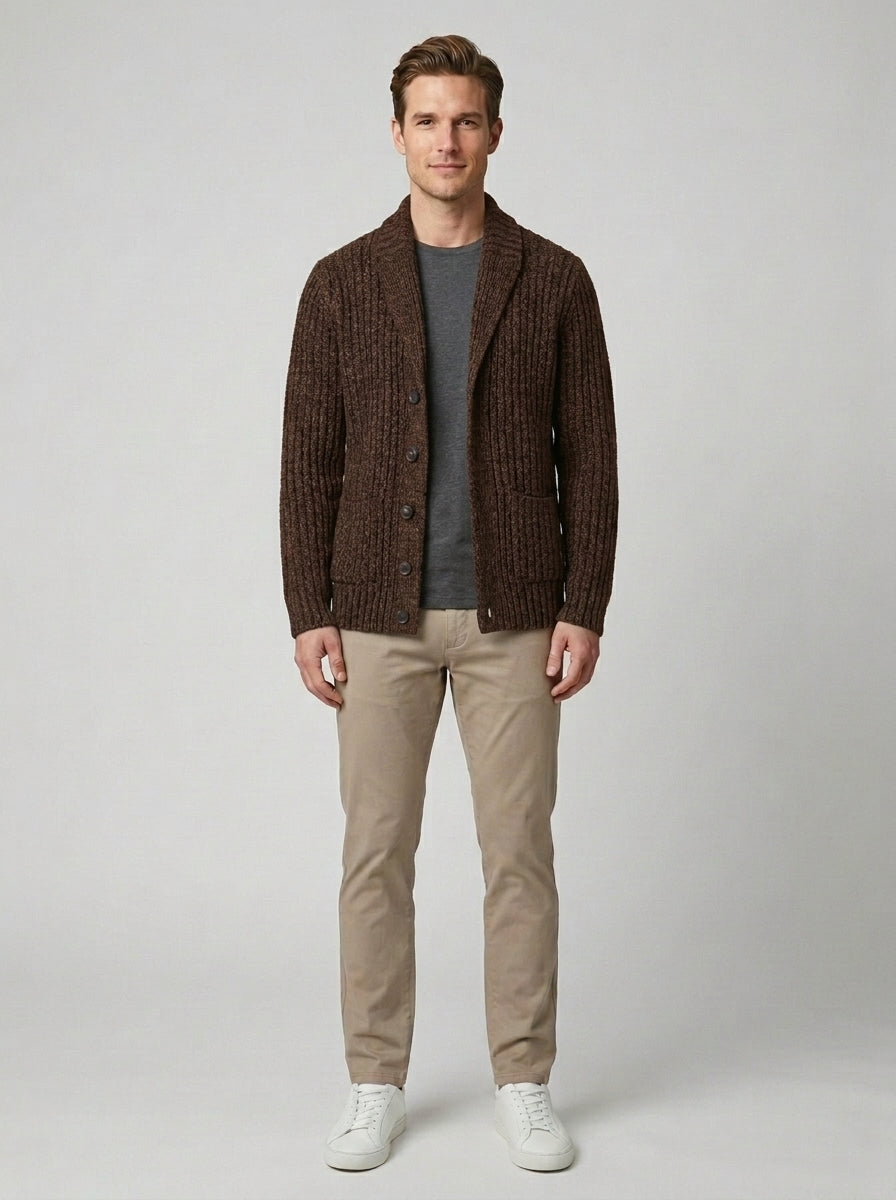 Theo | Men's Chunky Knit Shawl Collar Cardigan Cable Knit Winter Casual - Brown Front [Lystr 6a860cd1346c7d0de359f6f4:brown:front]