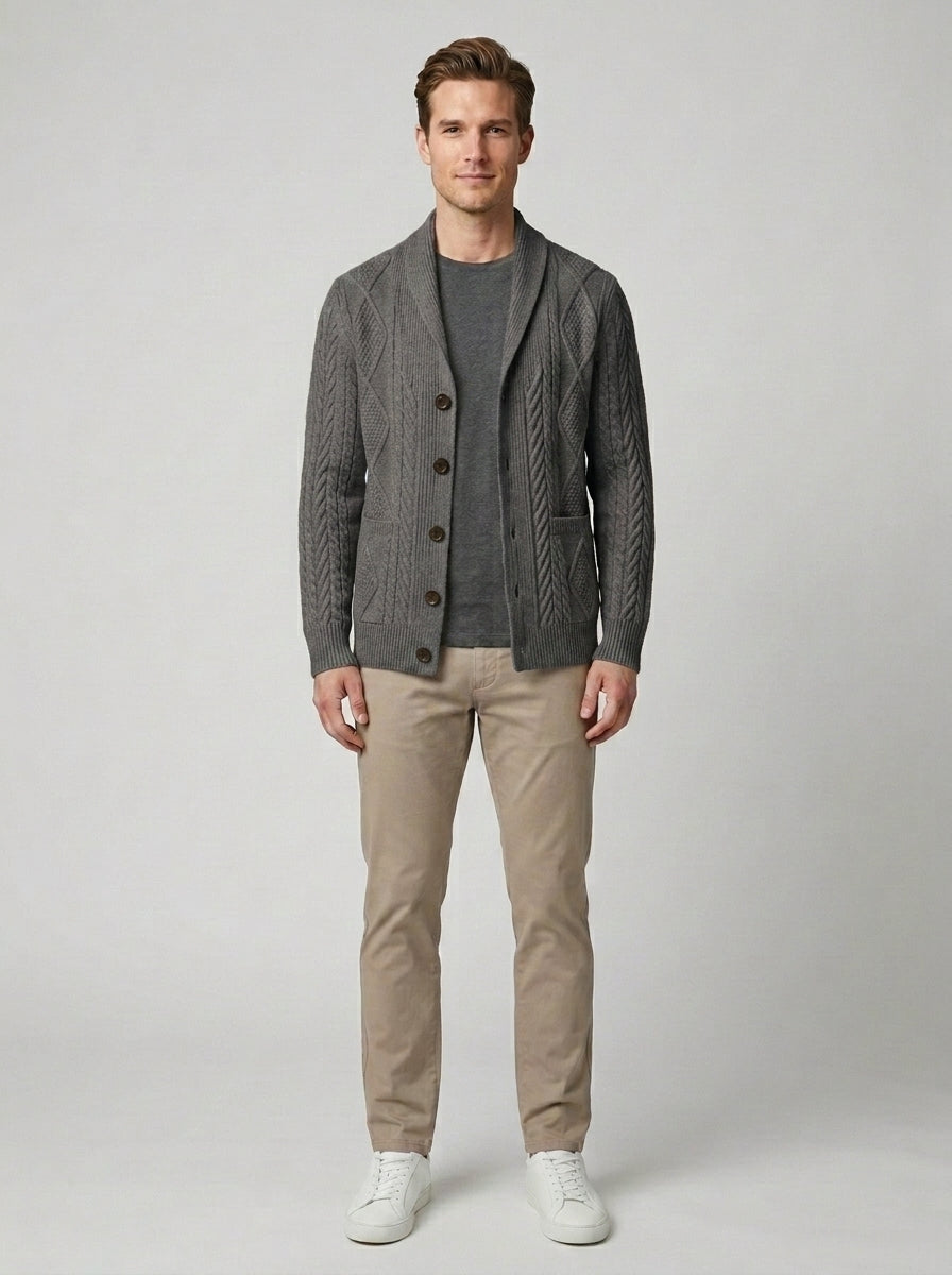 Julian | Men's Cashmere Cardigan Button Front Luxury Winter Smart Casual - Dark Gray Front [Lystr 6a860cca346c7d0de359f6f1:dark gray:front]