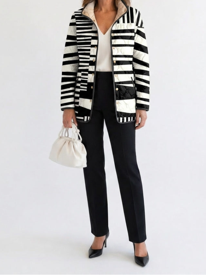 Miren | Women's Quilted Jacket, Black and White Abstract Print Winter Jacket - Floral