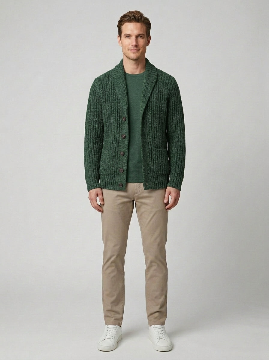 Theo | Men's Chunky Knit Shawl Collar Cardigan Cable Knit Winter Casual - Green Front [Lystr 6a860cd1346c7d0de359f6f4:green:front]