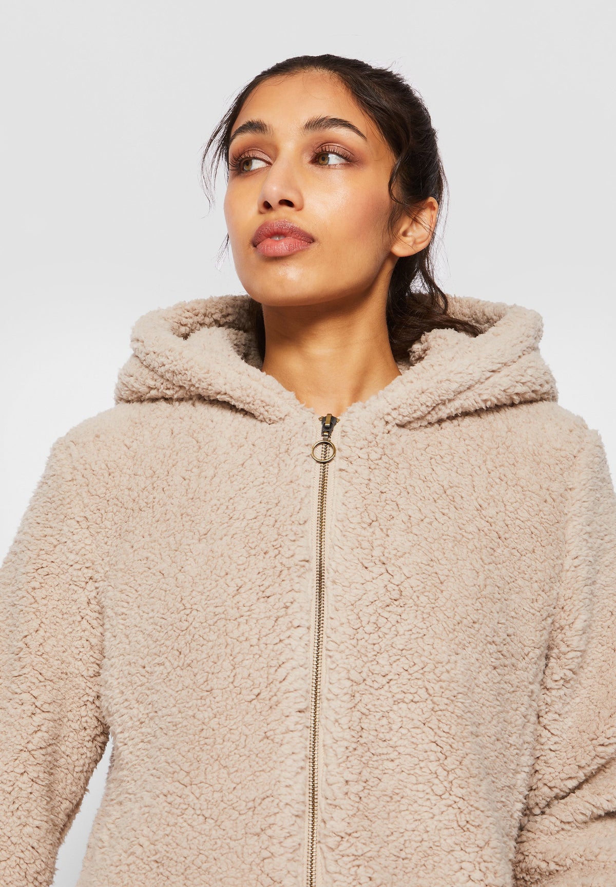 Nora | Women's Sherpa Short Coat, Sand Faux Fur Winter