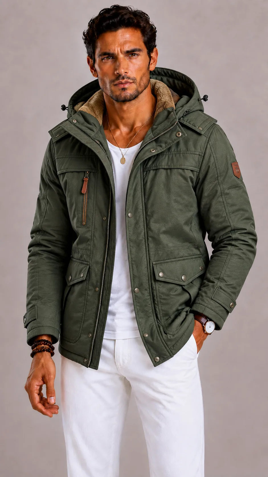 Emiel | Men's Hooded Multi Pocket Parka, Green Winter Outerwear