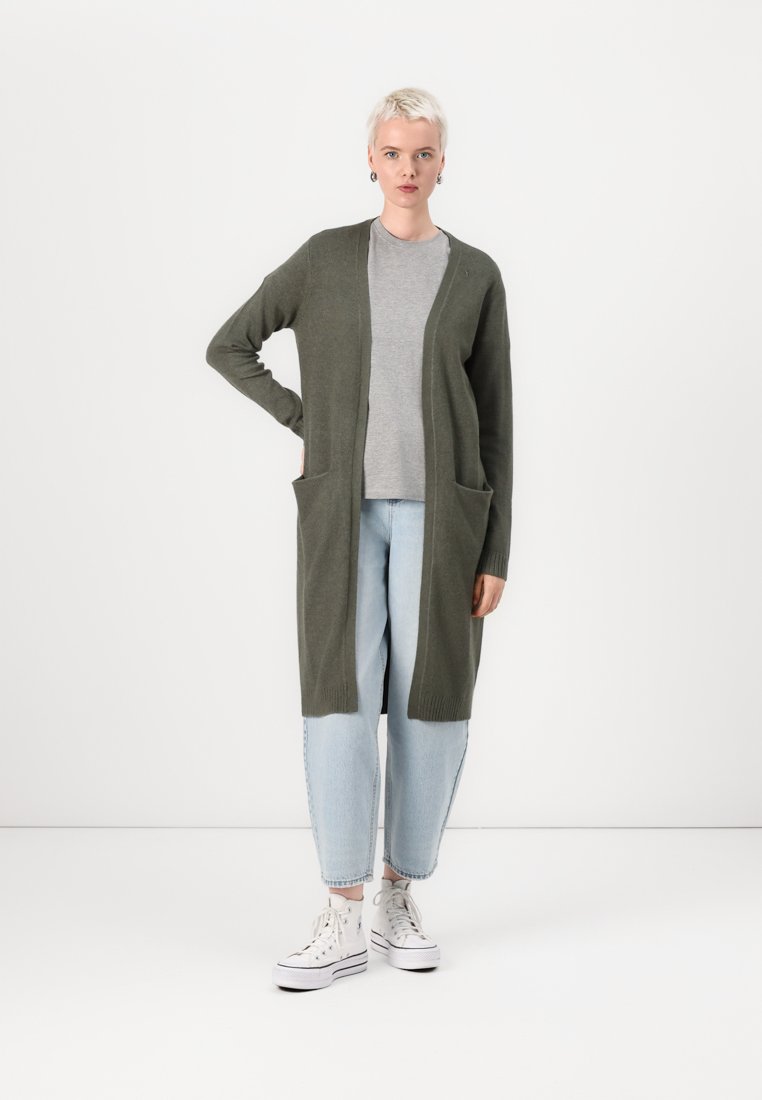 Isolde | Women's Long Cardigan, Dark Green Open Front Autumn Winter