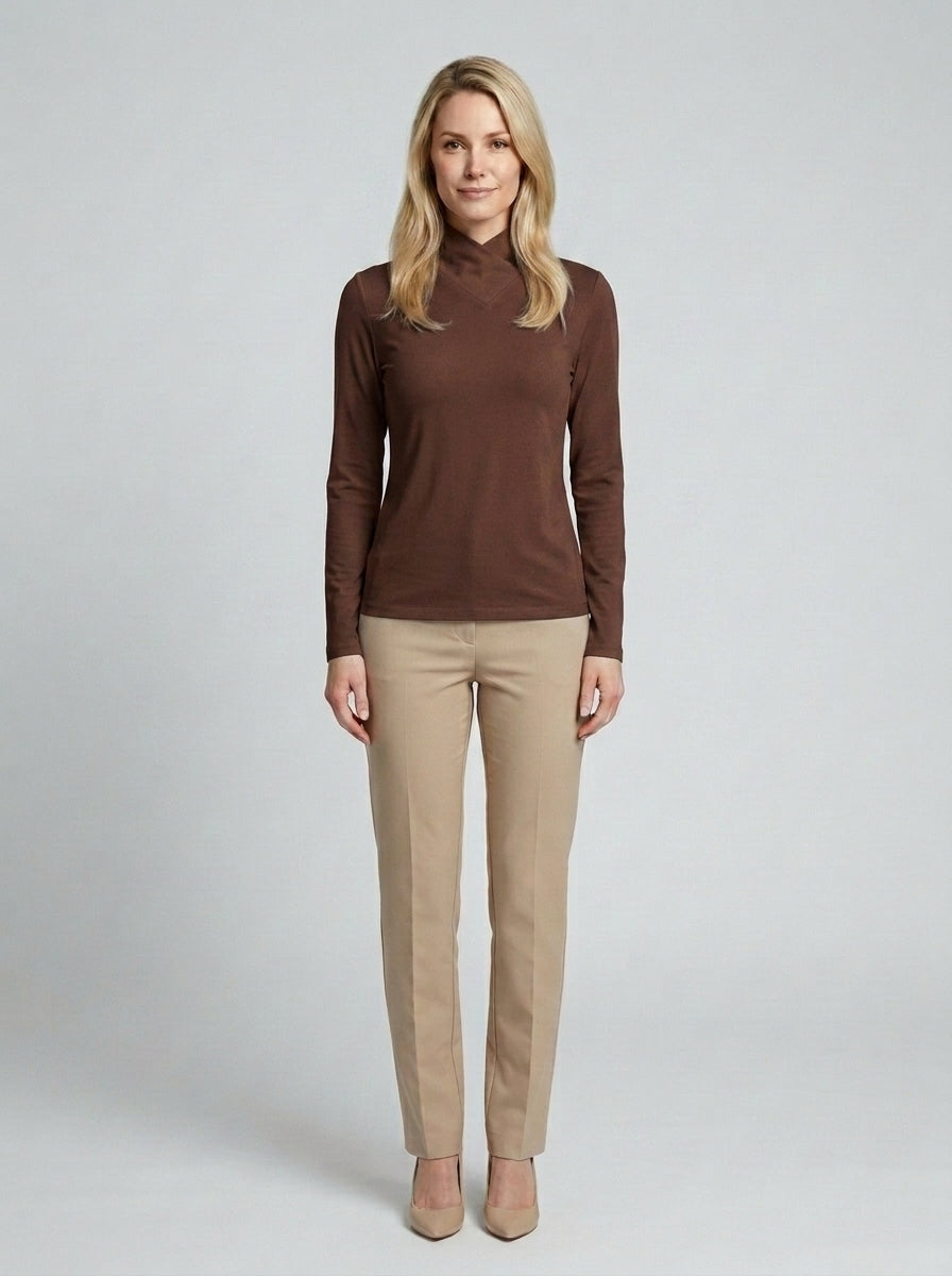 Isabelle | Women's Soft Knit Turtleneck Sculpted Fitted Smart Casual Winter - Brown Front [Lystr 6a860cfb346c7d0de359f6fa:brown:front]