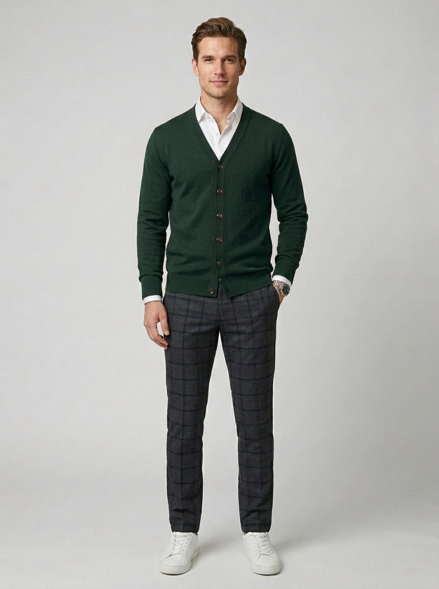 Stefan | Men's Knit Cardigan V Neck Layering Casual Smart - Dark Green Front [Lystr 6a860d2d346c7d0de359f700:dark green:front]