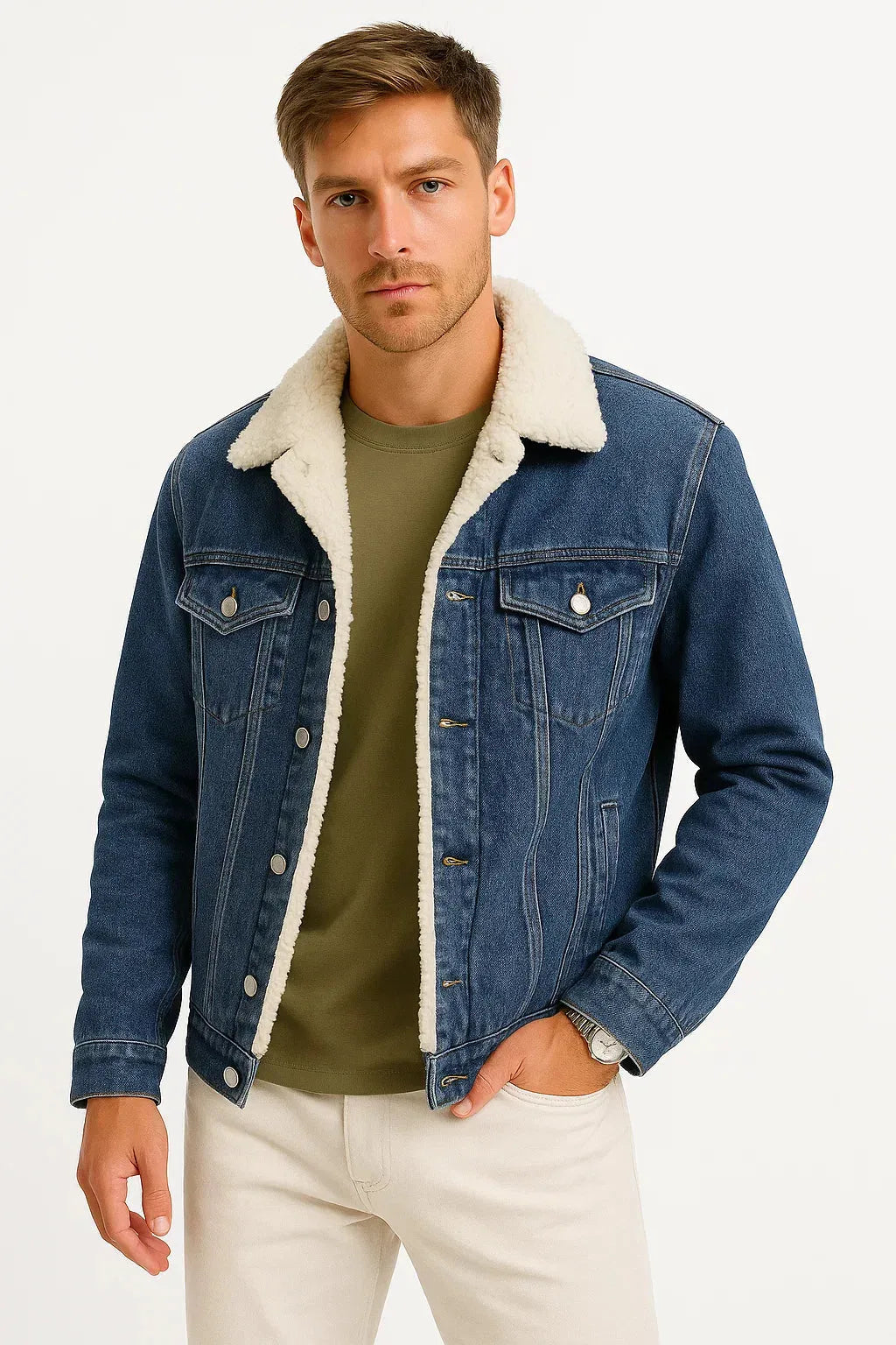 Ruben | Men's Fleece Lined Denim Jacket, Dark Blue Casual Winter