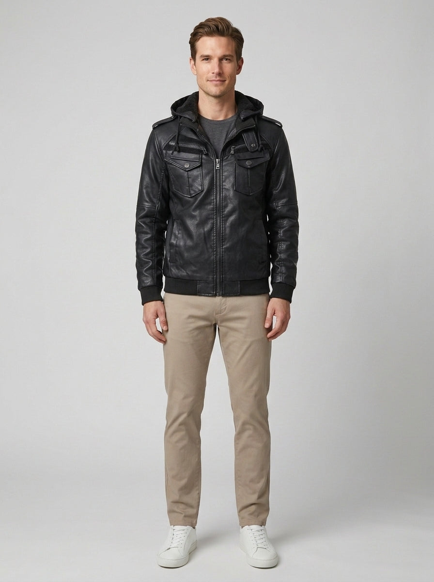 Zephyr | Men's Hooded Leather Jacket, Premium Winter Jacket - Black - Front [Lystr 6a8612a0346c7d0de359f739:front]
