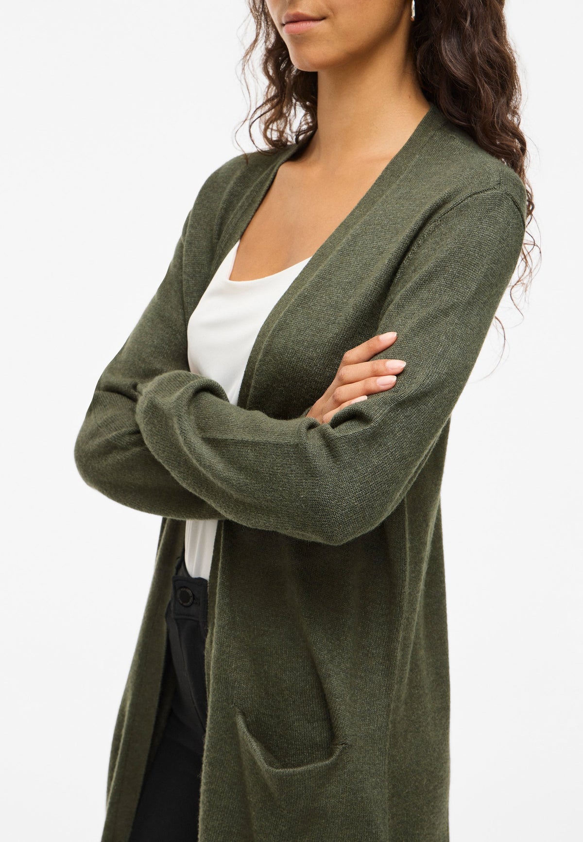 Isolde | Women's Long Cardigan, Dark Green Open Front Autumn Winter