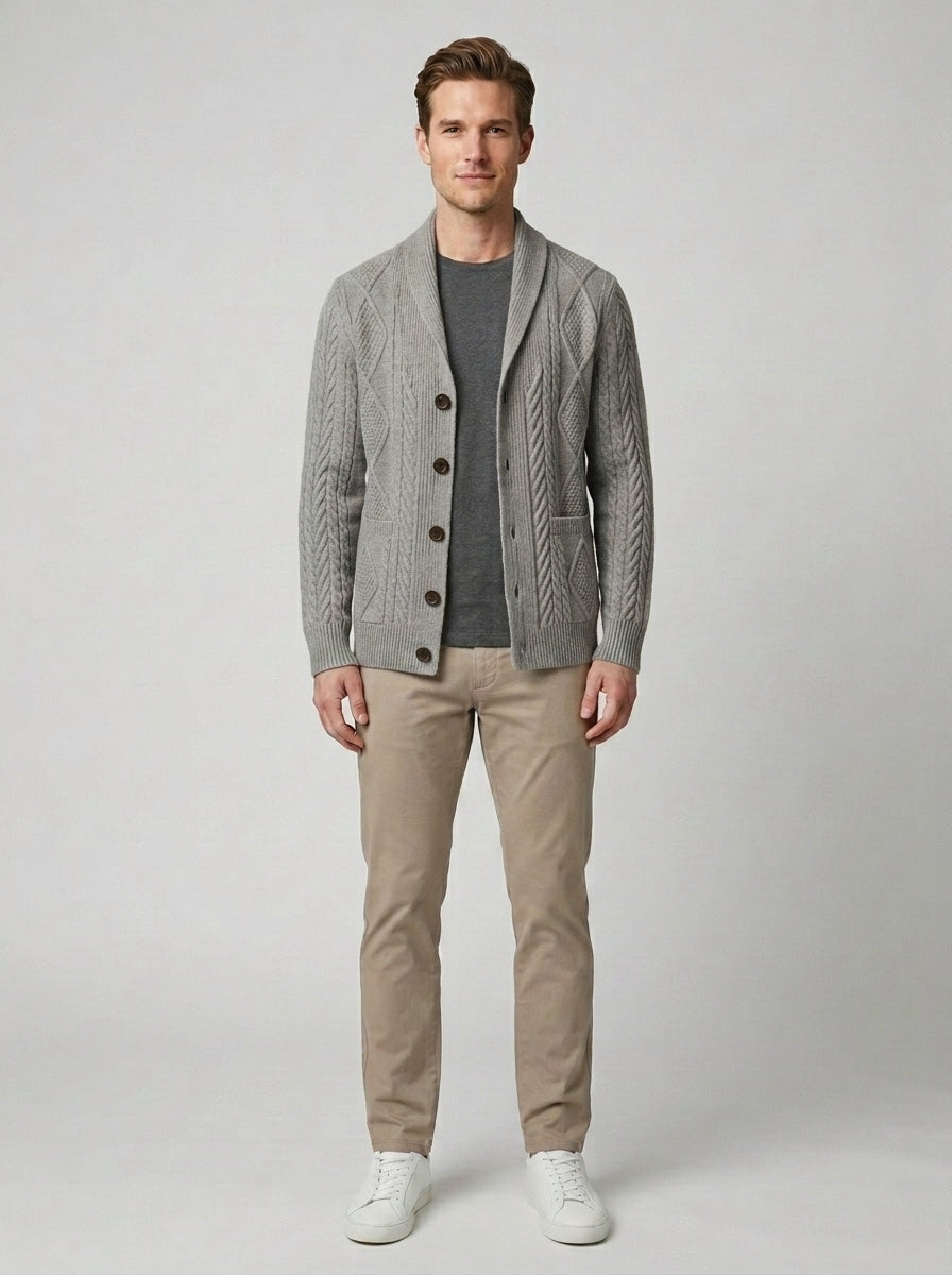 Julian | Men's Cashmere Cardigan Button Front Luxury Winter Smart Casual - Gray Front [Lystr 6a860cca346c7d0de359f6f1:gray:front]