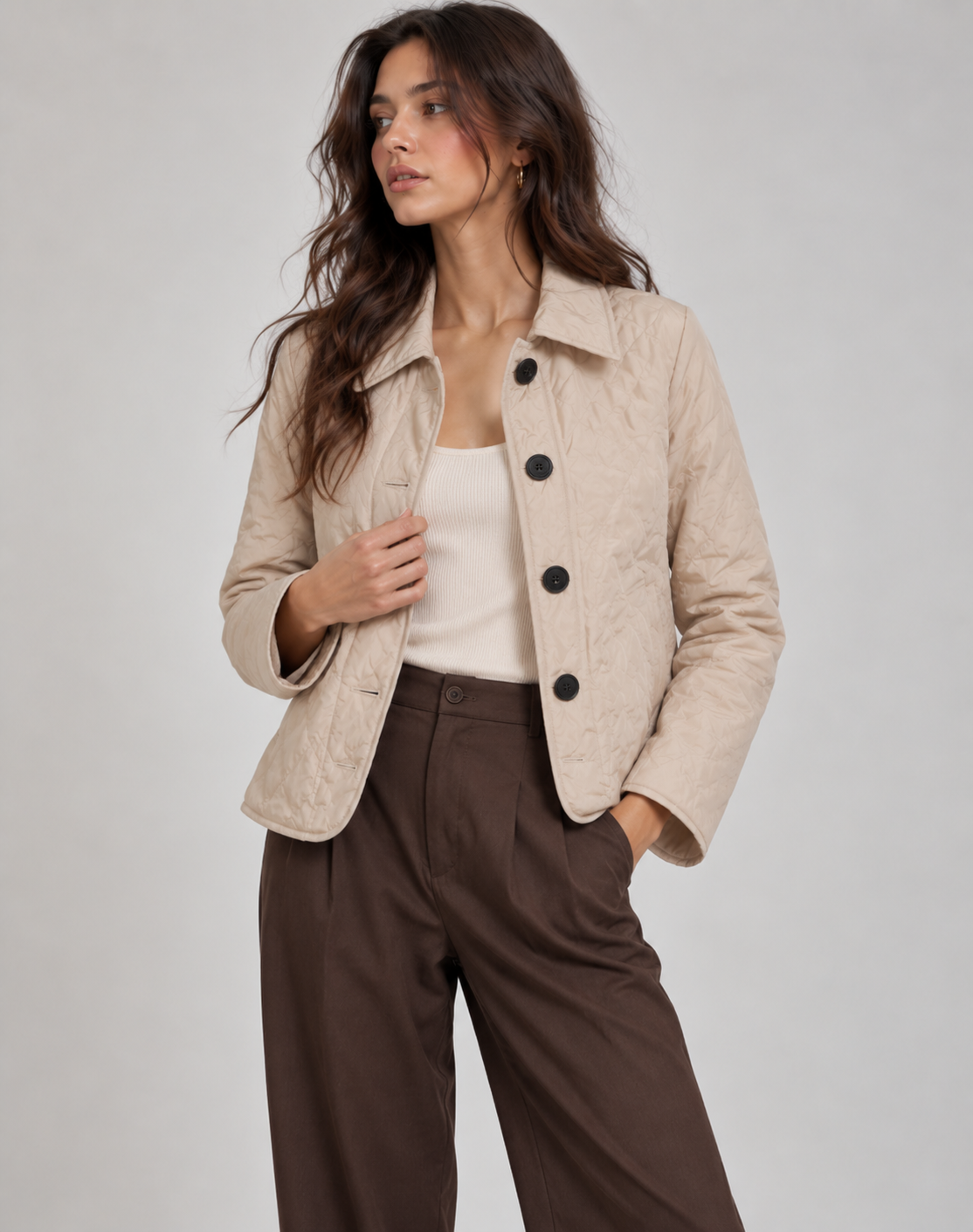 Freya | Women's Quilted Transitional Jacket, Collar Button Detail