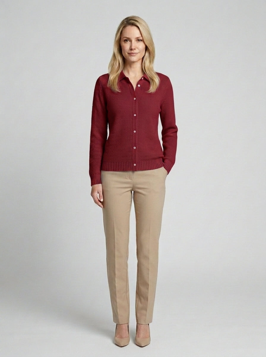 Harlow | Women's Cozy Knit Cardigan Button Front Longline Casual Winter - Dark Red Front [Lystr 6a860cf2346c7d0de359f6f7:dark red:front]