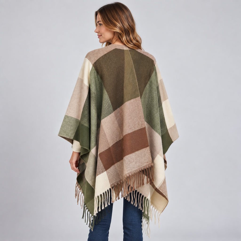 Amara | Women's Blanket Poncho Colour Block Fringed Autumn Winter