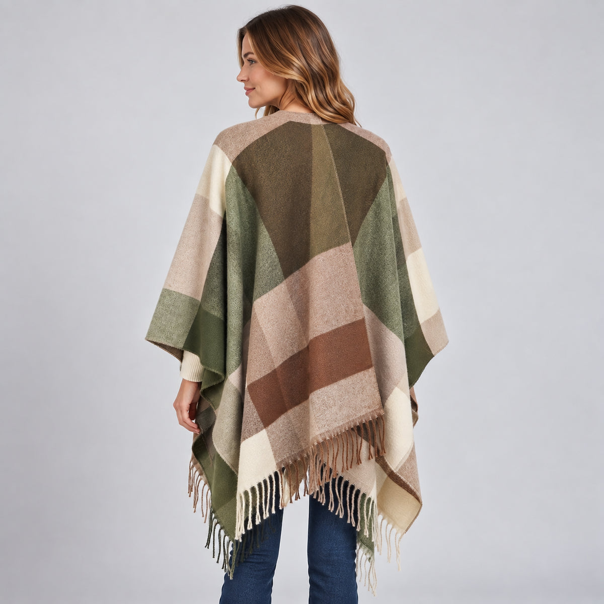 Amara | Women's Blanket Poncho Colour Block Fringed Autumn Winter
