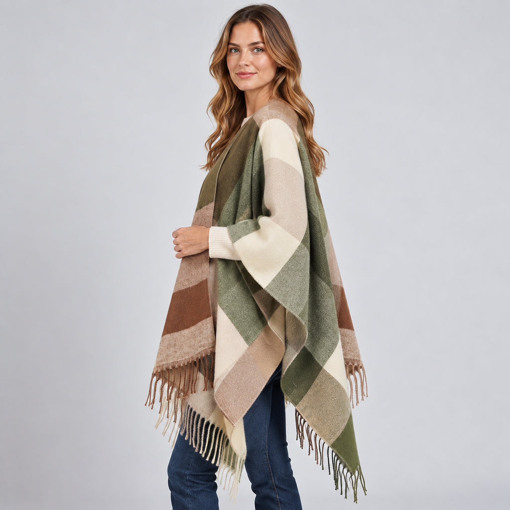 Amara | Women's Blanket Poncho Colour Block Fringed Autumn Winter