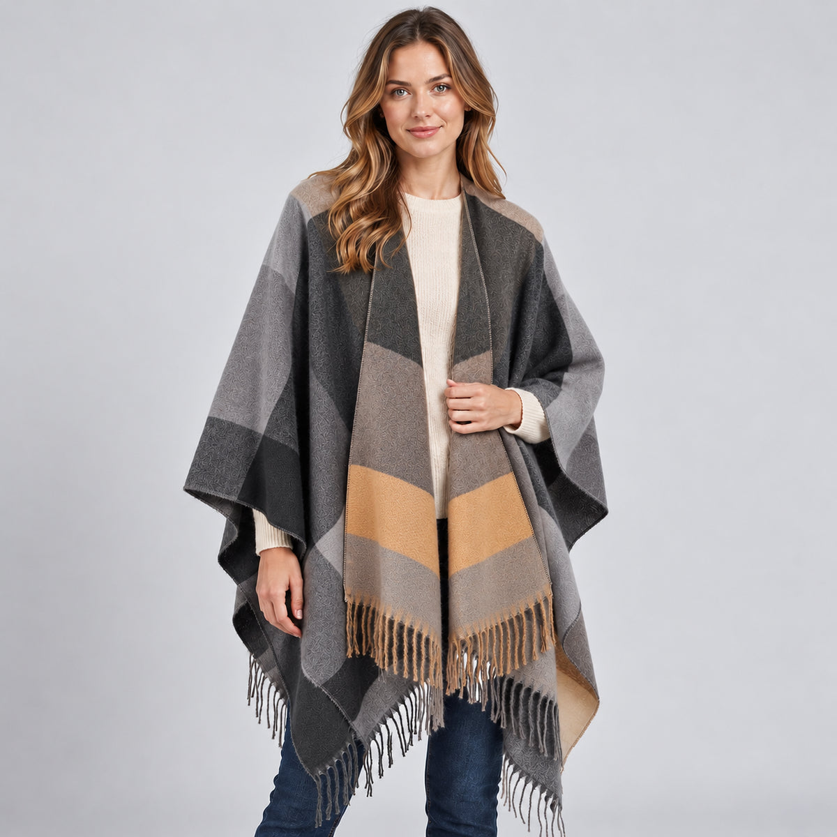 Amara | Women's Blanket Poncho Colour Block Fringed Autumn Winter