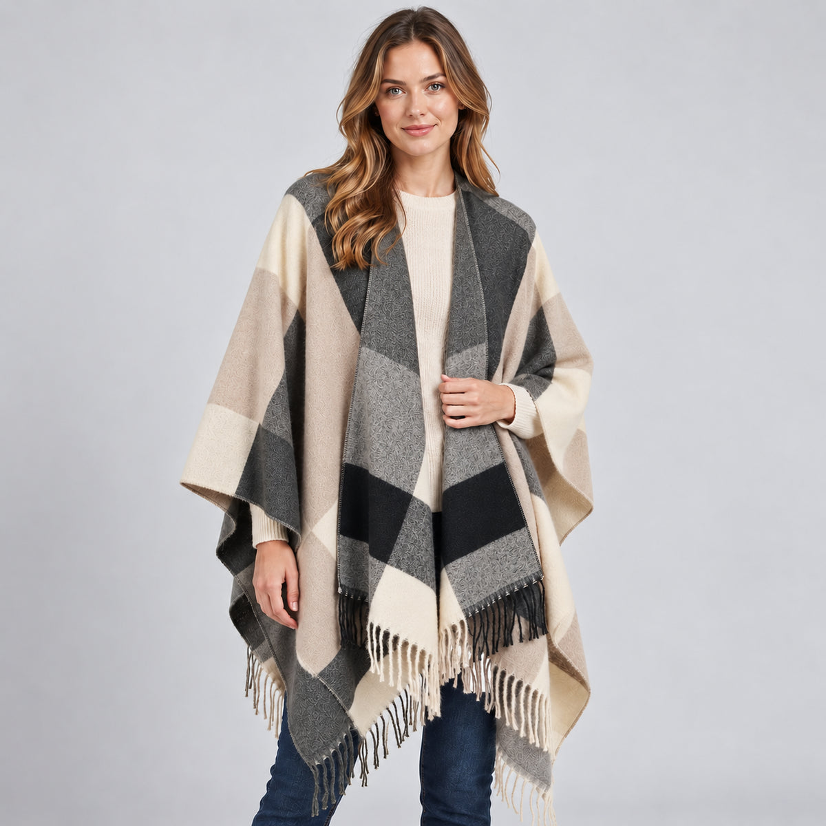 Amara | Women's Blanket Poncho Colour Block Fringed Autumn Winter