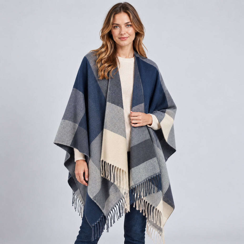 Amara | Women's Blanket Poncho Colour Block Fringed Autumn Winter