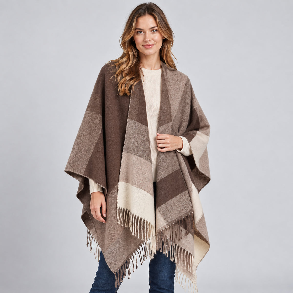 Amara | Women's Blanket Poncho Colour Block Fringed Autumn Winter