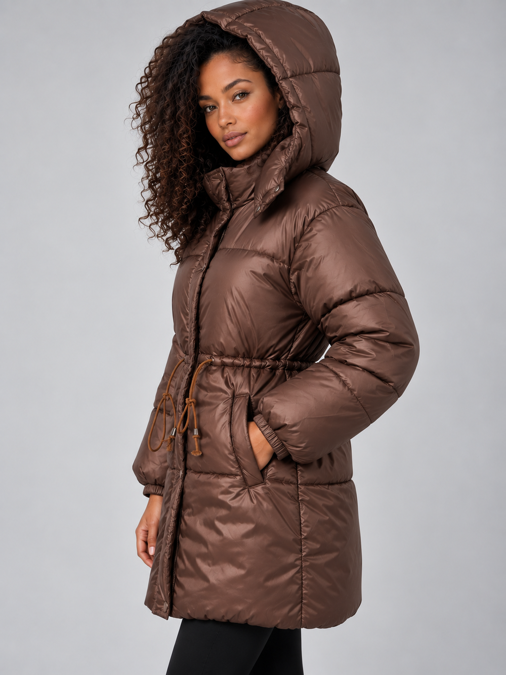 Aurelia | Women's Longline Puffer Jacket Hooded Quilted Coat with Drawstring Waist