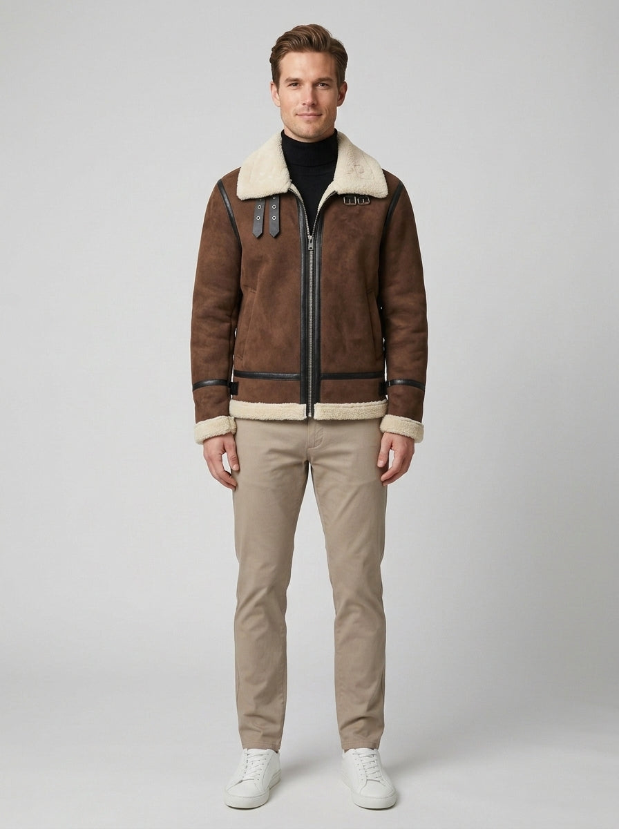 Enzo | Men's Suede Belted Coat, Winter Overcoat - Front [Lystr 6a746b215d32fba9c72a61d9:front]