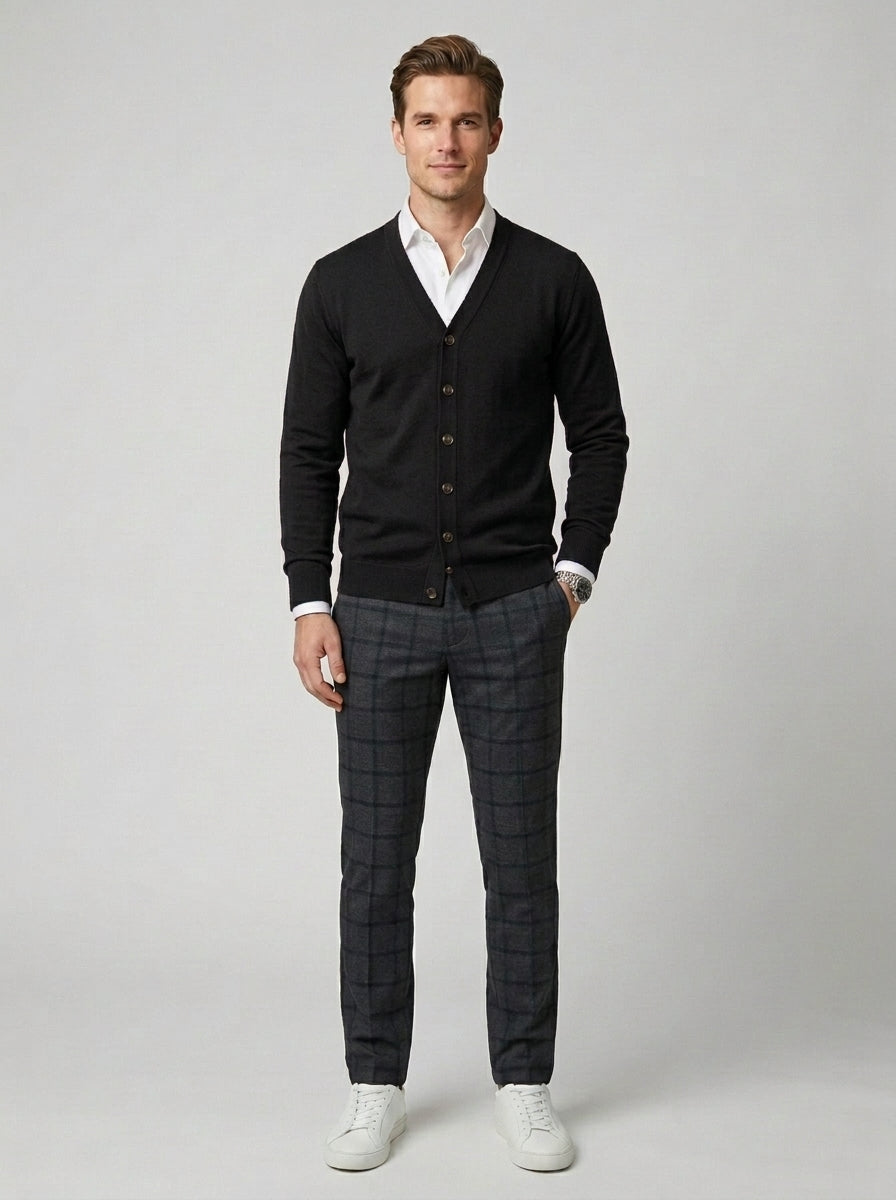 Stefan | Men's Knit Cardigan V Neck Layering Casual Smart - Black Front [Lystr 6a860d2d346c7d0de359f700:black:front]