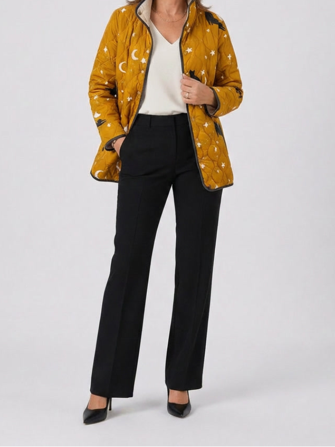 Eira | Women's Quilted Jacket, Black Cat Print Winter Jacket - Floral
