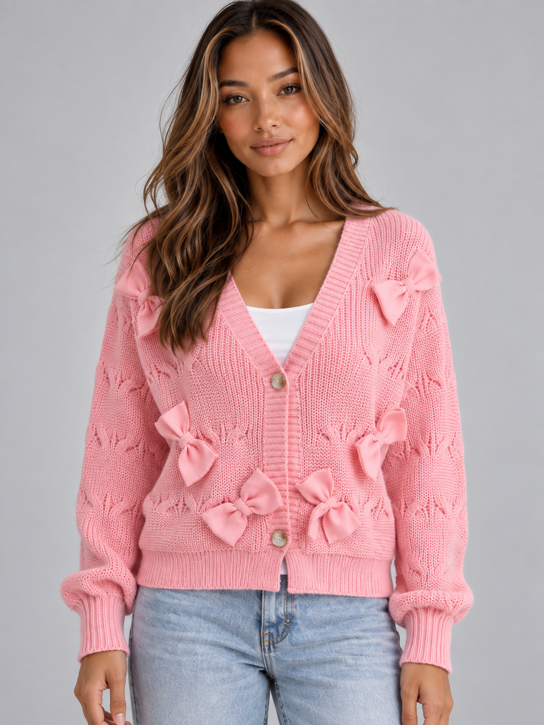 Beatrix | Women's Bow Detail V-Neck Cardigan Button Front Knitted Jumper