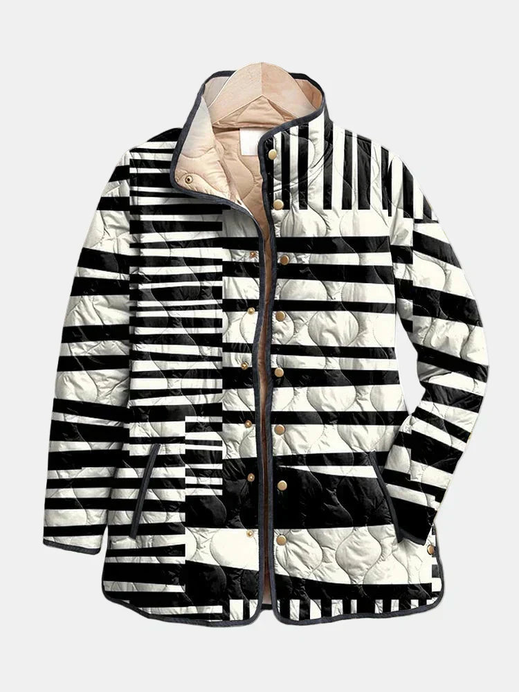 Miren | Women's Quilted Jacket, Black and White Abstract Print Winter Jacket - Floral