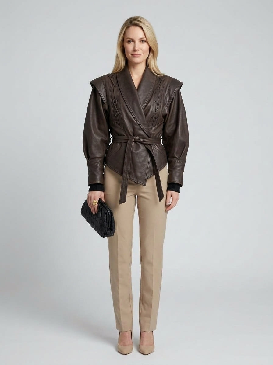 Noor | Women's Faux Leather Jacket Lace Up Structured Shoulders Autumn Winter - Front [Lystr 6ab277892ba7d720a7302ee2:front]