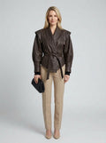 Noor | Women's Faux Leather Jacket Lace Up Structured Shoulders Autumn Winter - Front [Lystr 6ab277892ba7d720a7302ee2:front]