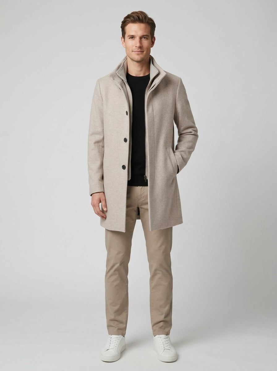 Oscar | Men's Short Wool Blend Coat, Taupe Classic Winter - Front [Lystr 6ac01afb06f210fd6cf85c15:front]