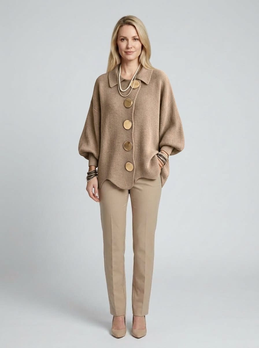 Sienna | Women's Knit Cardigan, Gold Button Detail Pointed Collar - Front [Lystr 6ac01b0306f210fd6cf85c1b:front]