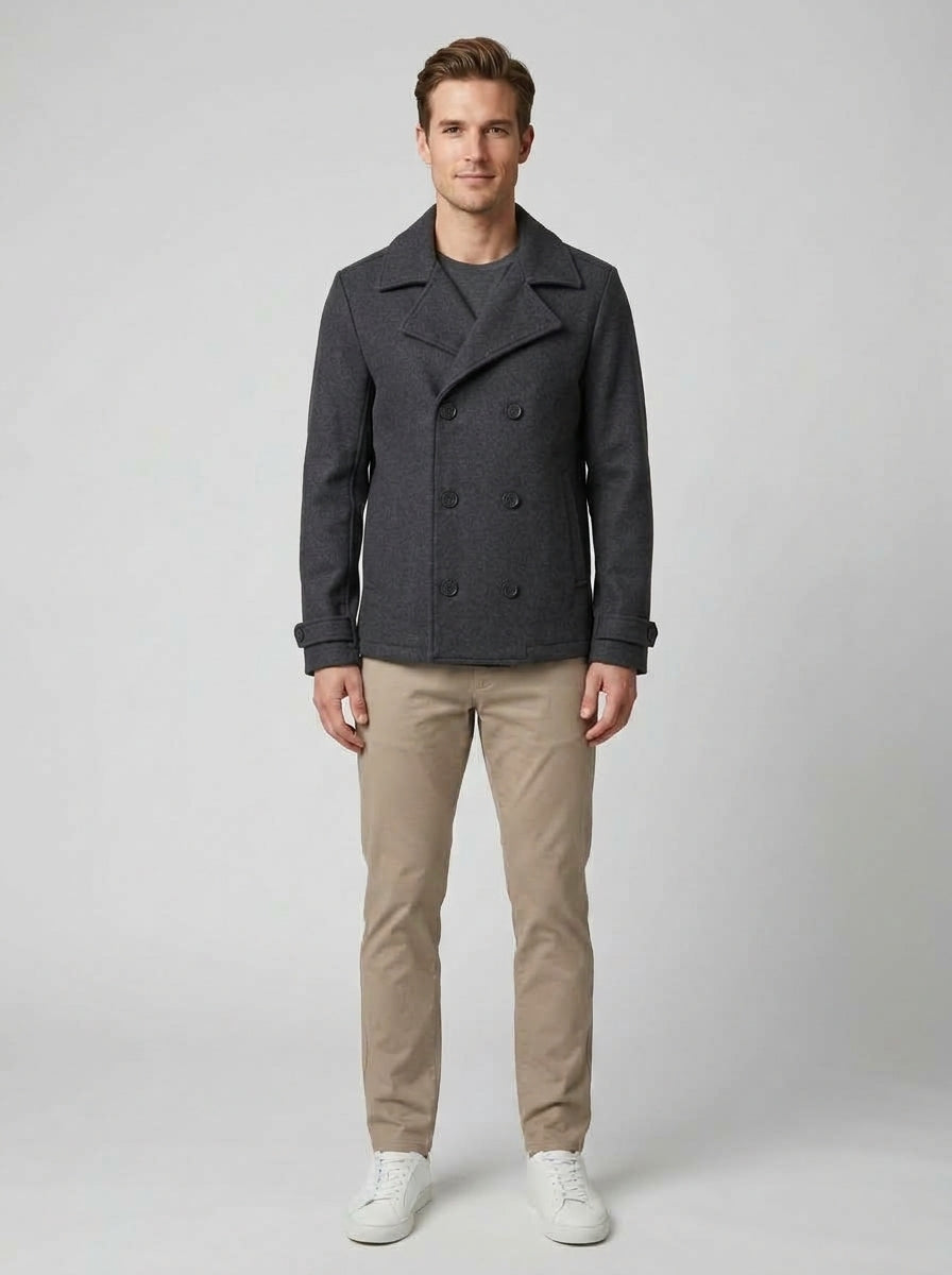 Elias | Men's Short Wool Blend Coat, Classic Dark Grey Winter - Front [Lystr 6ac01b1106f210fd6cf85c21:front]