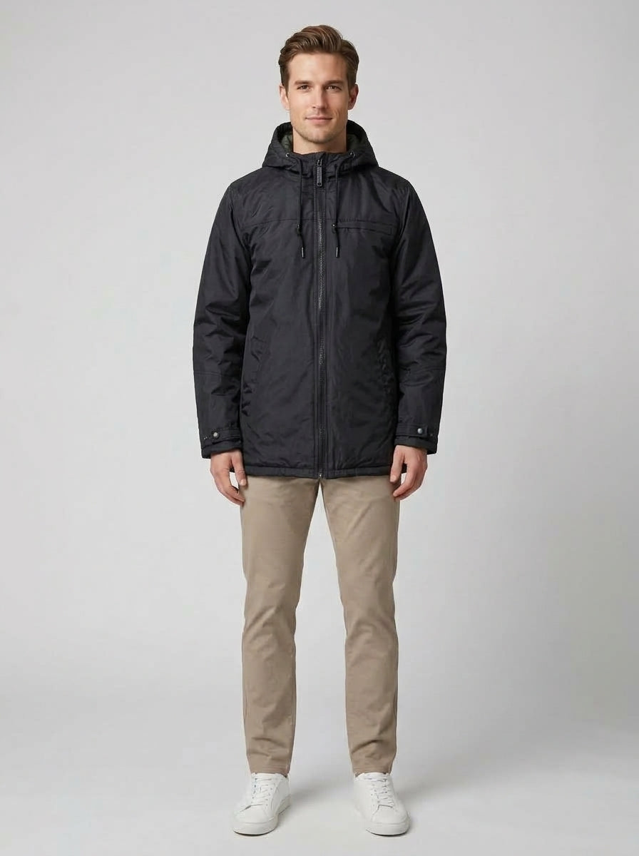 Theo | Men's Hooded Padded Winter Coat, Black Insulated Outerwear - Front [Lystr 6ac01b1506f210fd6cf85c24:front]