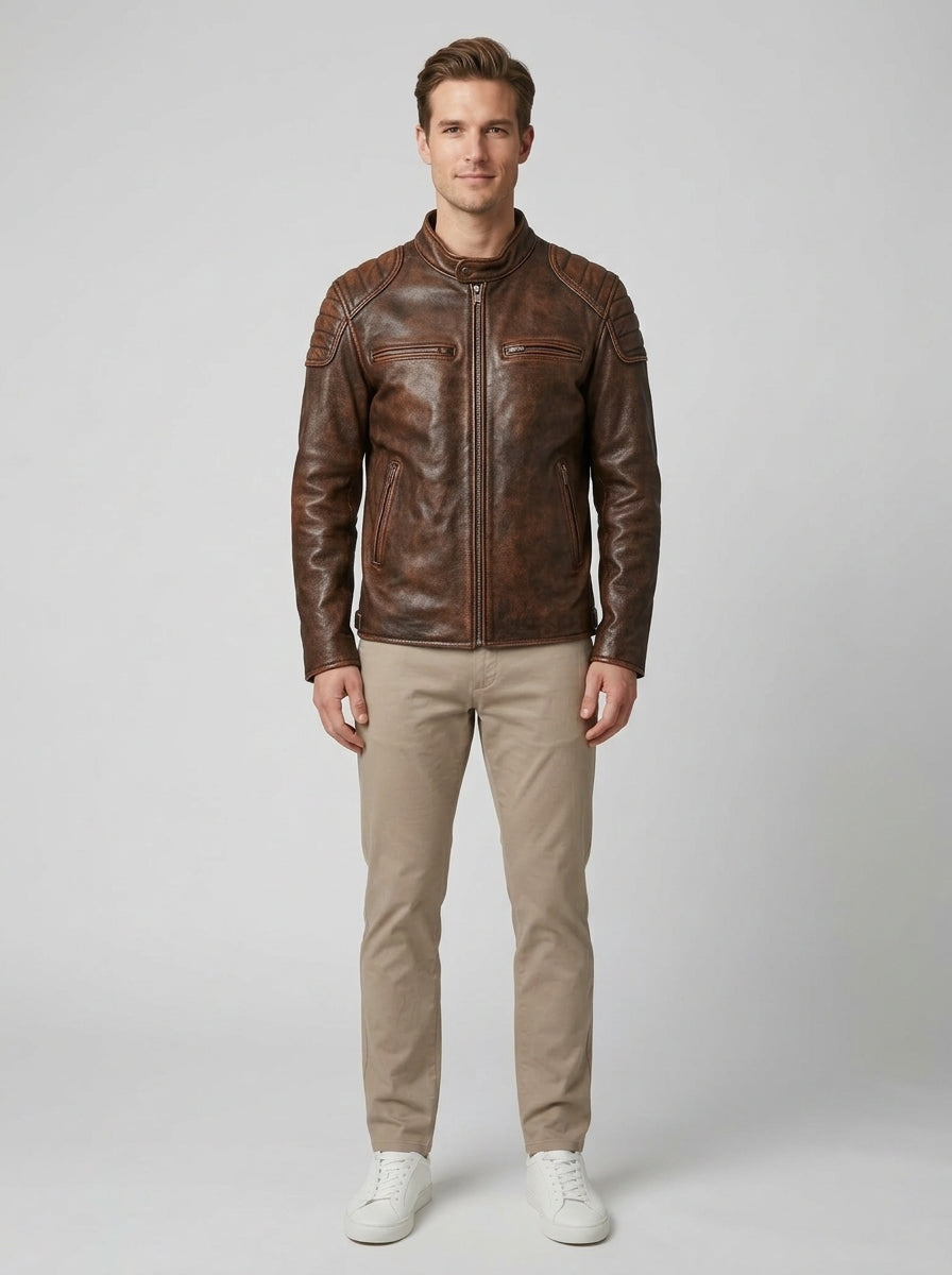 Magnus | Men's Vintage Leather Biker Jacket, Classic Winter Outerwear - Front [Lystr 6ac01b1f06f210fd6cf85c27:front]