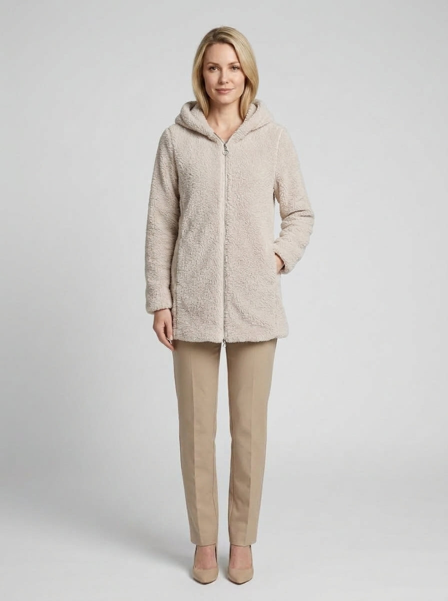 Nora | Women's Sherpa Short Coat, Sand Faux Fur Winter - Front [Lystr 6ac49f434b5d0052da3d616f:front]