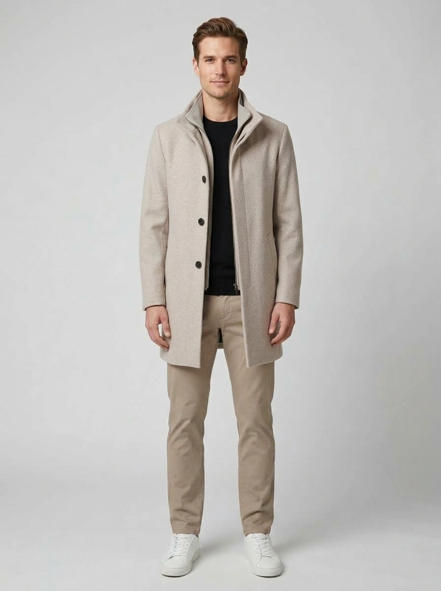 Oscar | Men's Short Wool Blend Coat, Taupe Classic Winter - Front [Lystr 6ac49f464b5d0052da3d6172:front]
