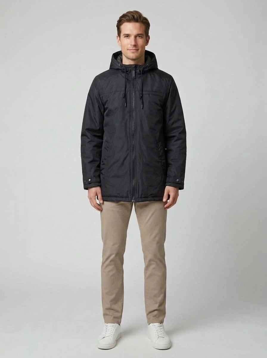 Theo | Men's Hooded Padded Winter Coat, Black Insulated Outerwear - Front [Lystr 6ac49f5b4b5d0052da3d617b:front]