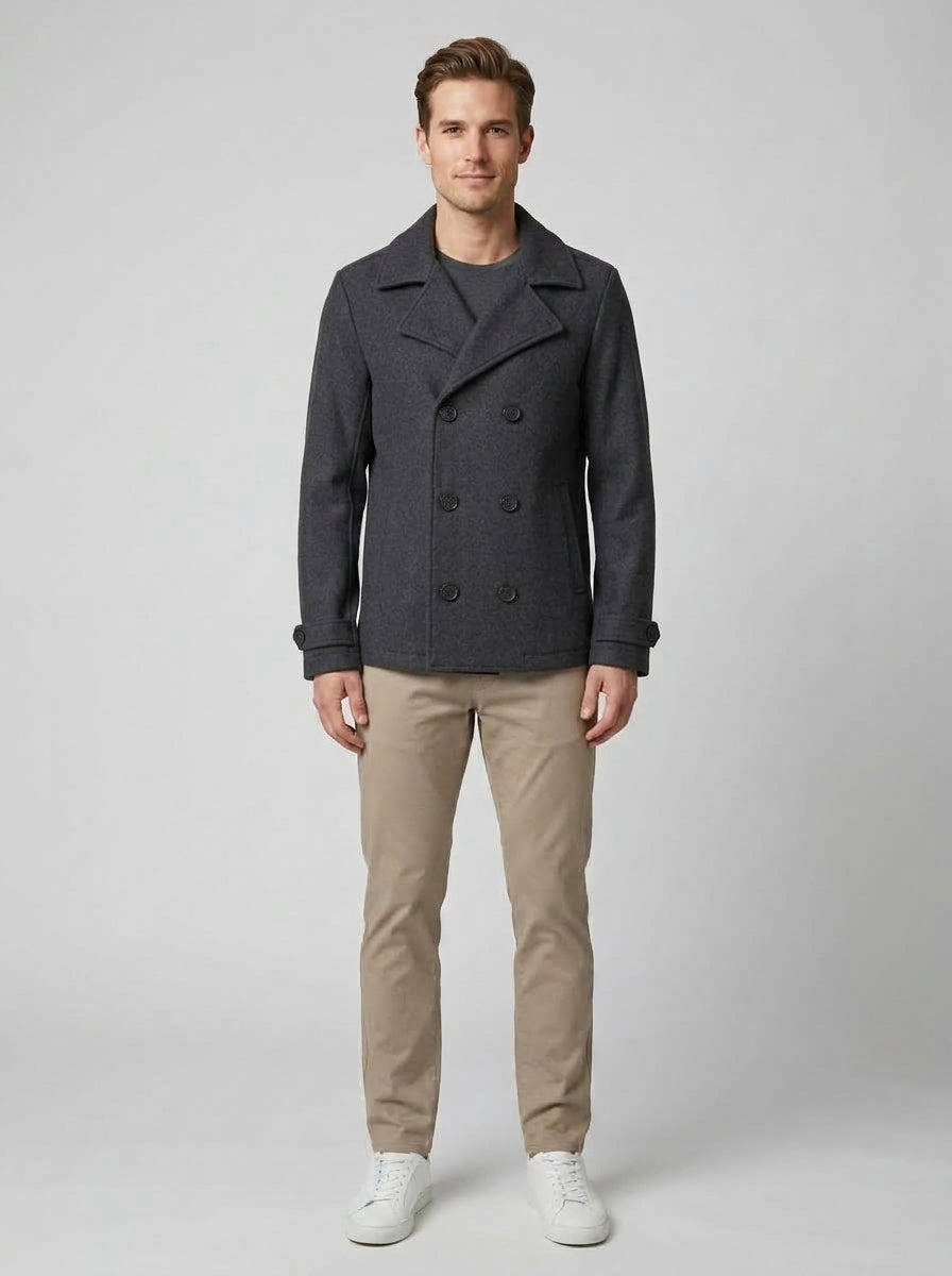 Elias | Men's Short Wool Blend Coat, Classic Dark Grey Winter - Front [Lystr 6ac49f6a4b5d0052da3d6181:front]