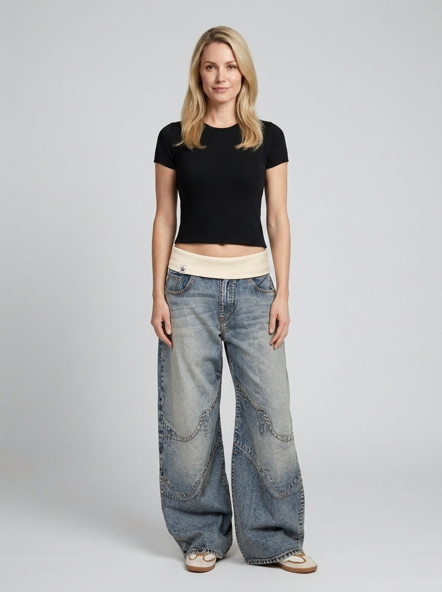 Nova | Women's Baggy Wide-Leg Jeans, Ribbed Waistband Urban Pants - Blue - Front [Lystr 6a7463b25d32fba9c72a61ba:front]